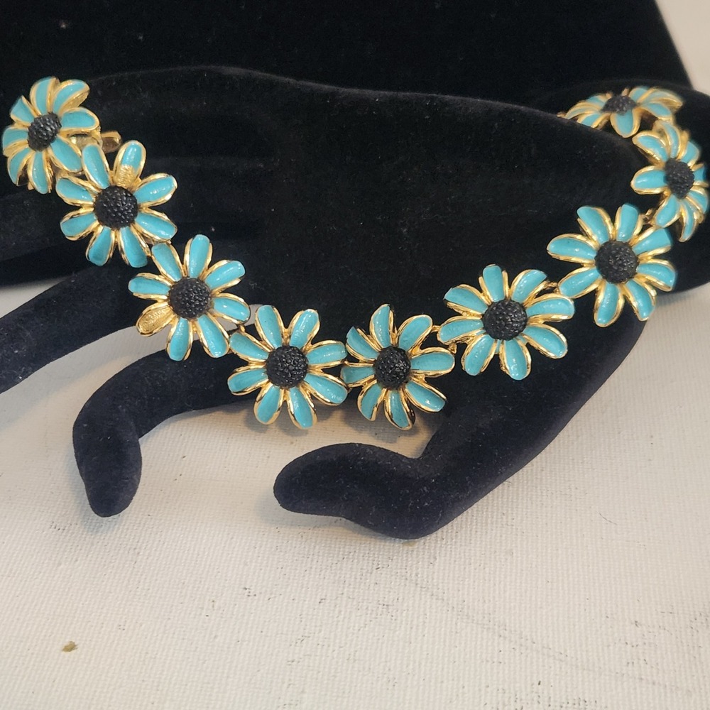 Vintage Judy Lee Turquoise Blue Enamel Daisy‎ Flower Choker Necklace Gold Tone
